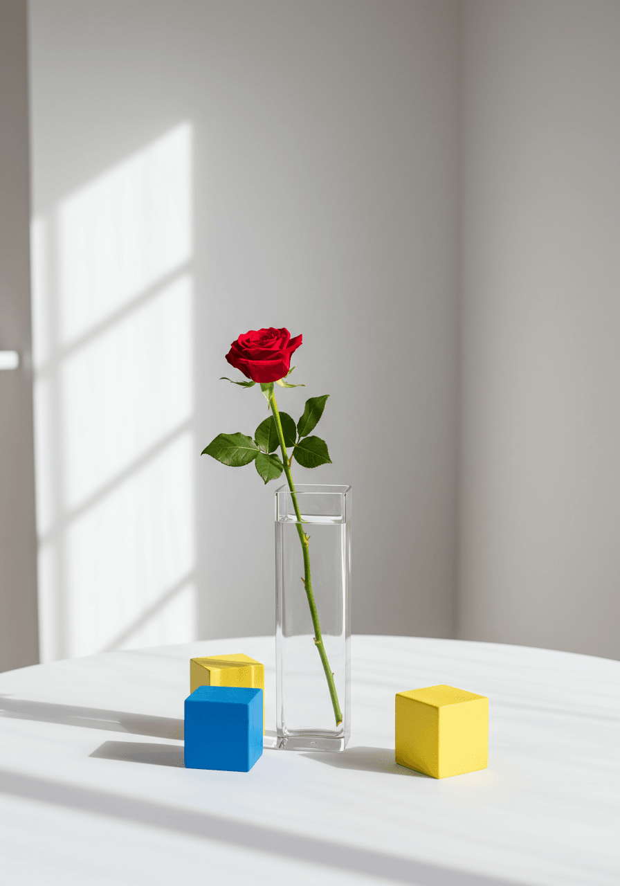 Single red rose in rectangular glass vase with geometric blue and yellow cubes on white circular table