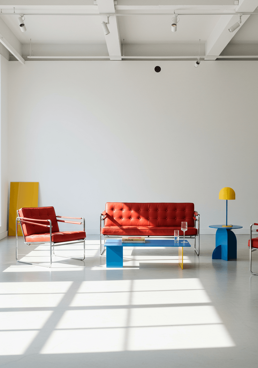 Modern wedding lounge featuring red Wassily chair and blue geometric coffee table in white gallery space