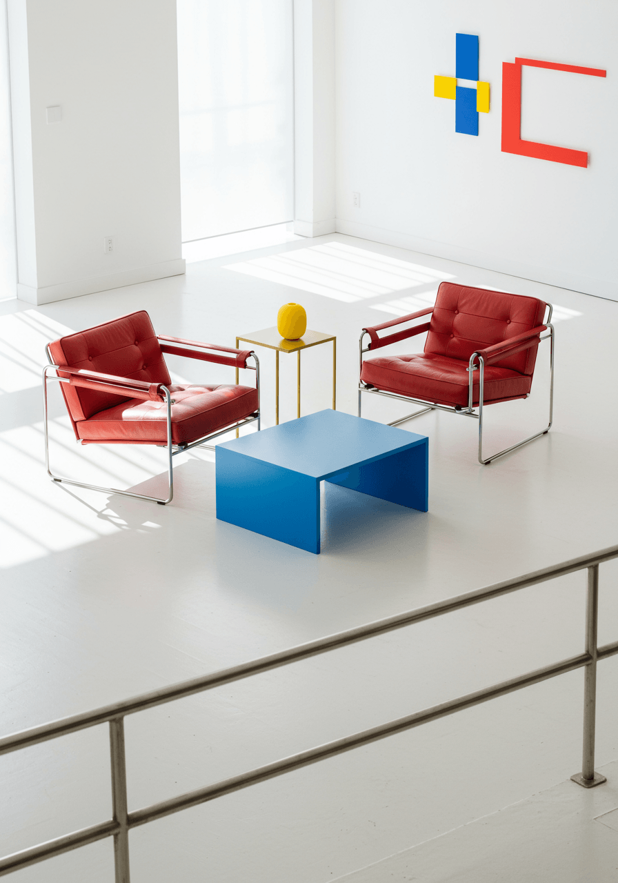 Bird's eye view of modernist lounge furniture arrangement with primary coloured accents and chrome details