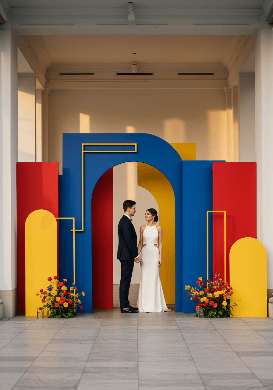 Couple standing at wedding reception entrance with geometric red, blue, and yellow colour block decor
