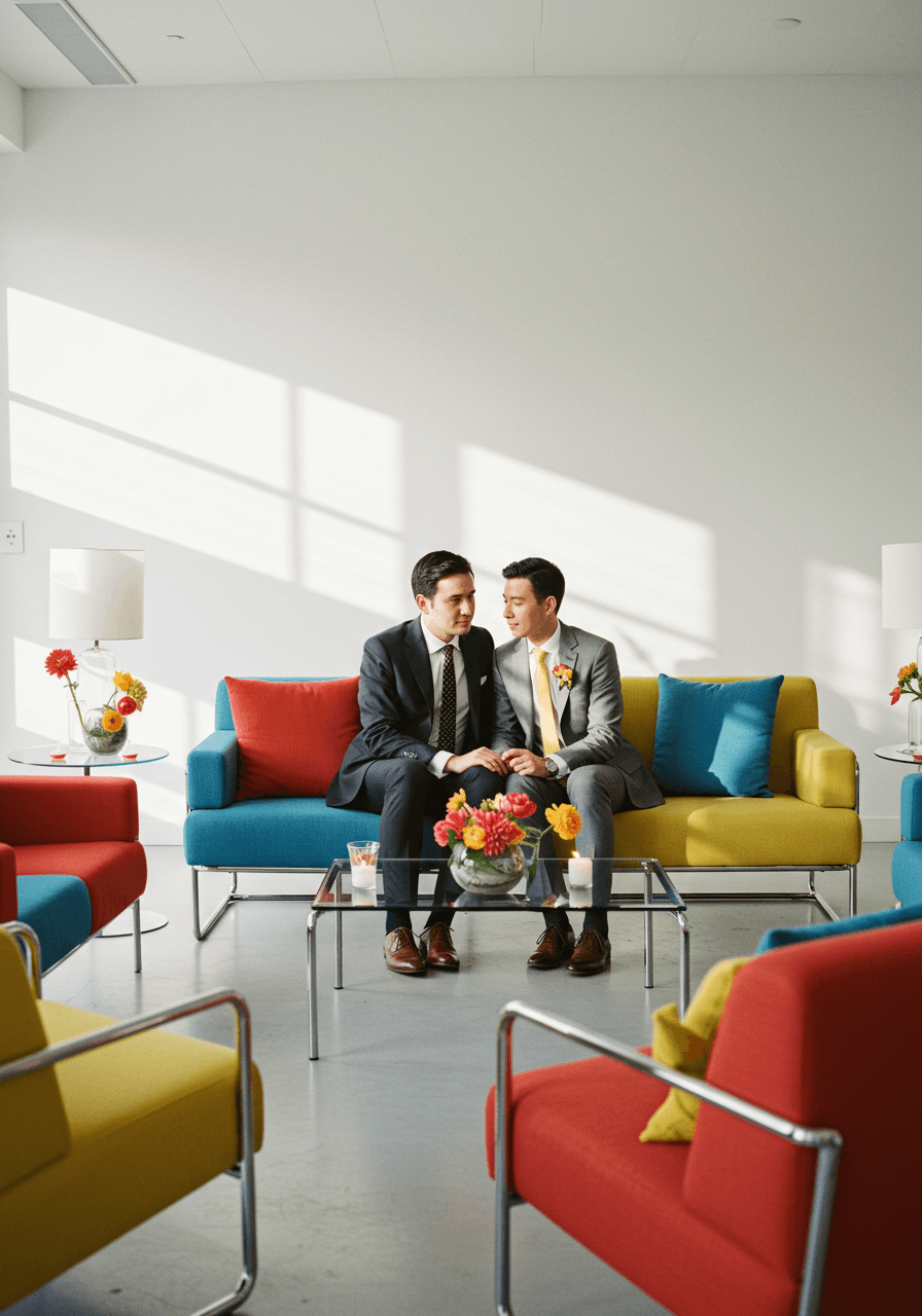 Intimate conversation moment on modernist seating with tubular steel frames and colourful accents