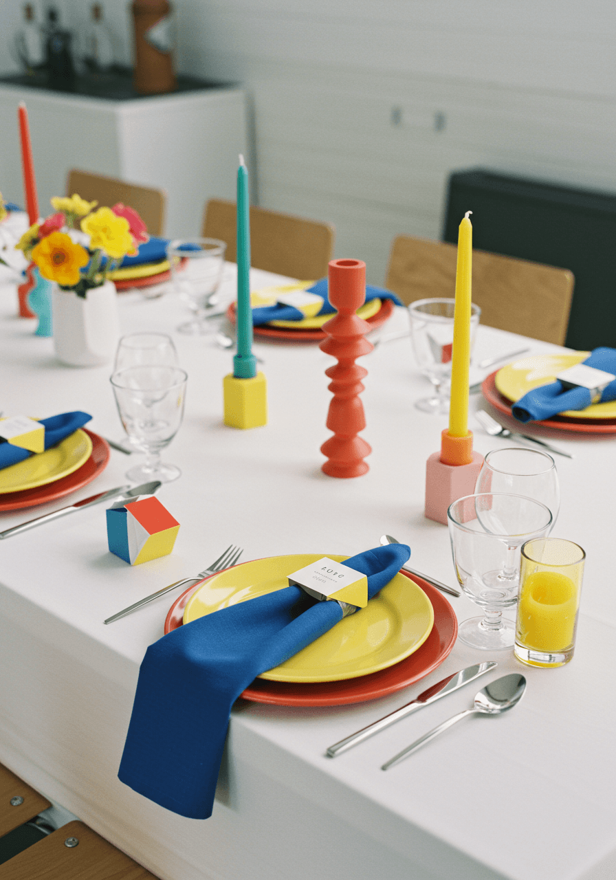 Multiple geometric place settings showing red plates, blue napkins, and yellow favour boxes arranged precisely