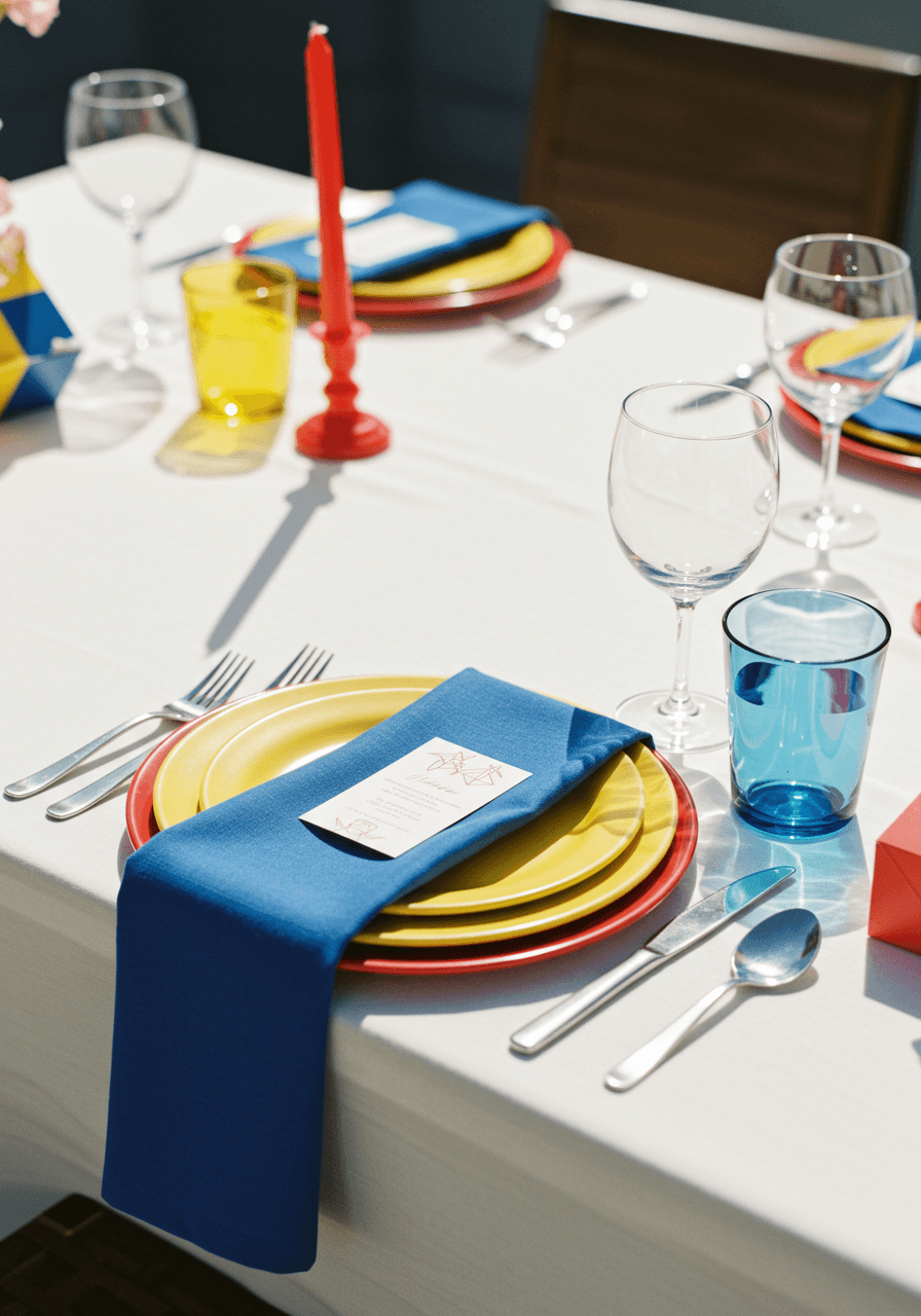 Close-up of primary coloured wedding place settings with precise geometric details on white tablecloth