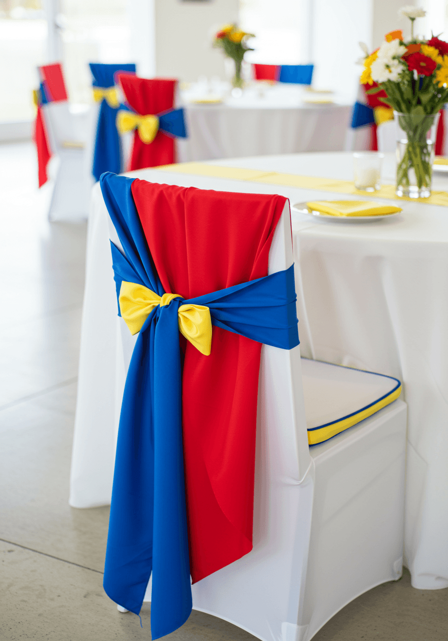 Medium shot of chair arrangement showing cobalt blue sashes and red accent ribbons in geometric patterns