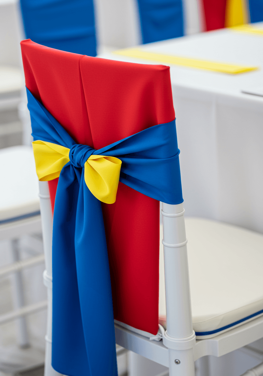 Close-up of primary coloured wedding linens arranged geometrically on modern white reception chair