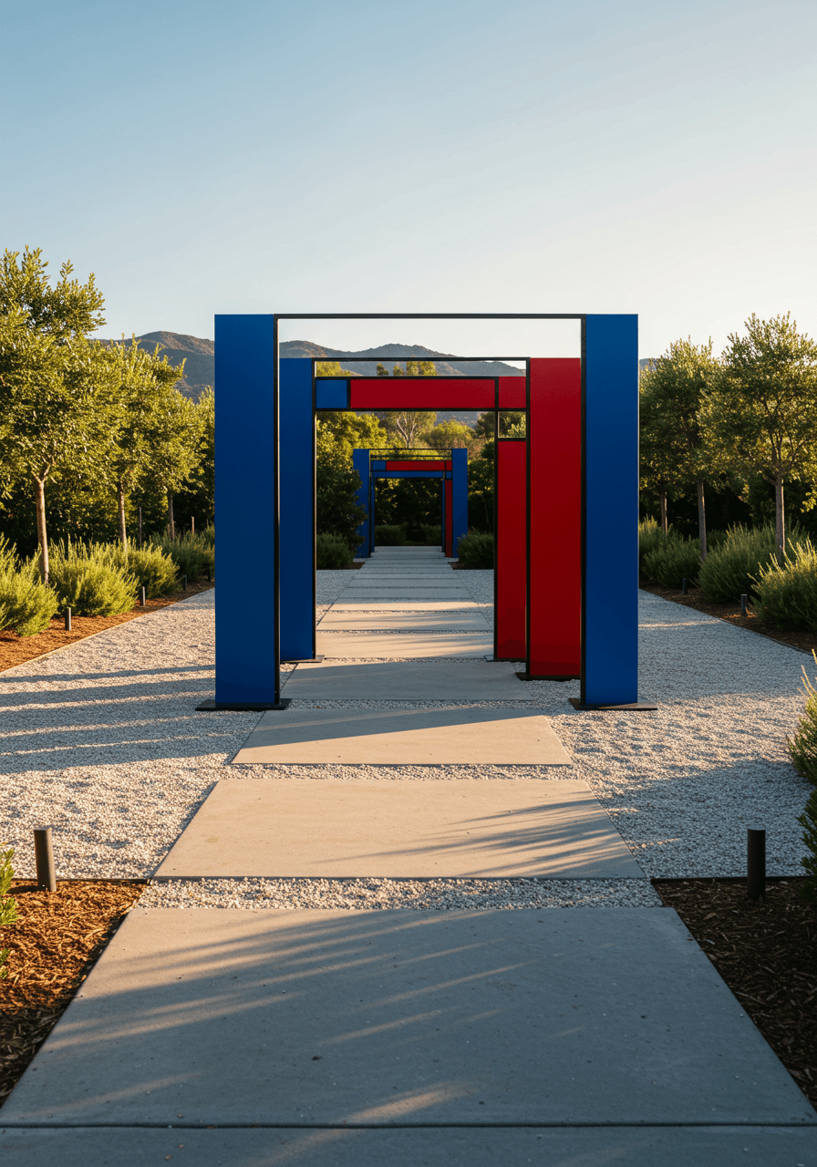 Wide shot of modern geometric wedding arch with primary colour accents in outdoor garden venue