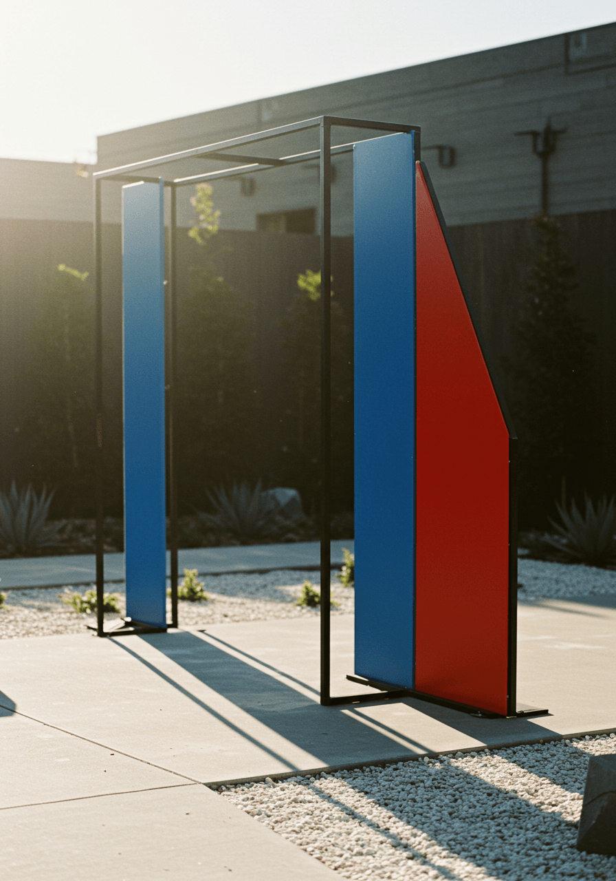 Close-up of sleek rectangular wedding arch with blue and red geometric panels in garden setting during golden hour