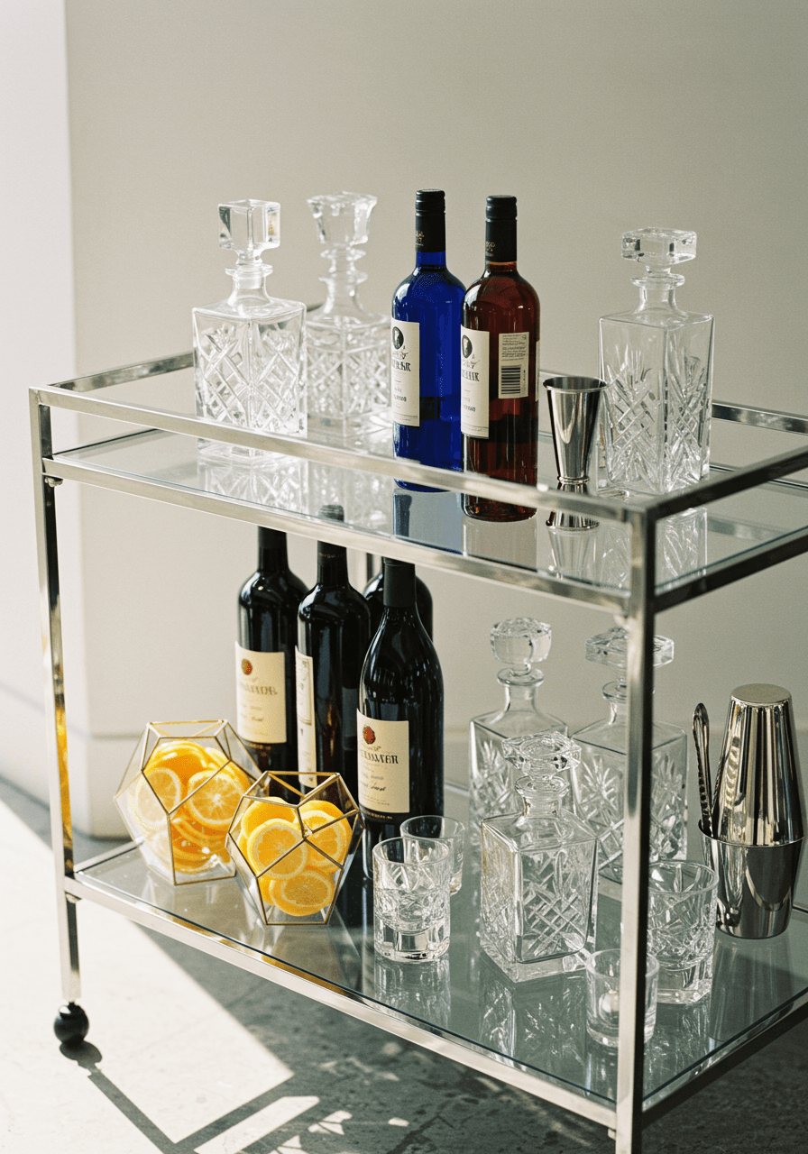Sleek rectangular bar cart with chrome frame and geometrically arranged bottles and glassware