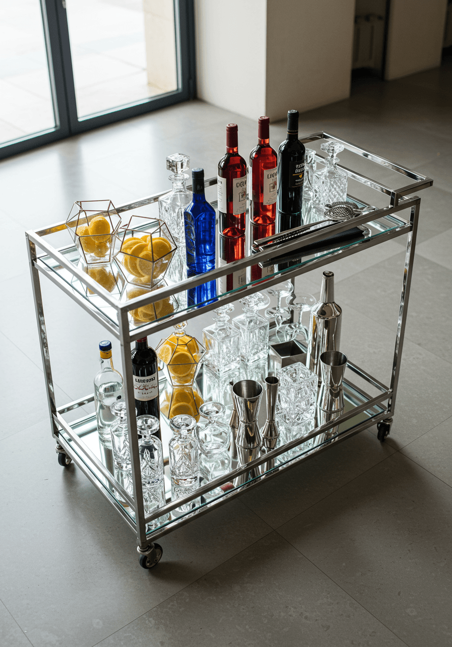 Overhead view of modern bar cart showing precise geometric arrangement of primary coloured bottles and crystal decanters