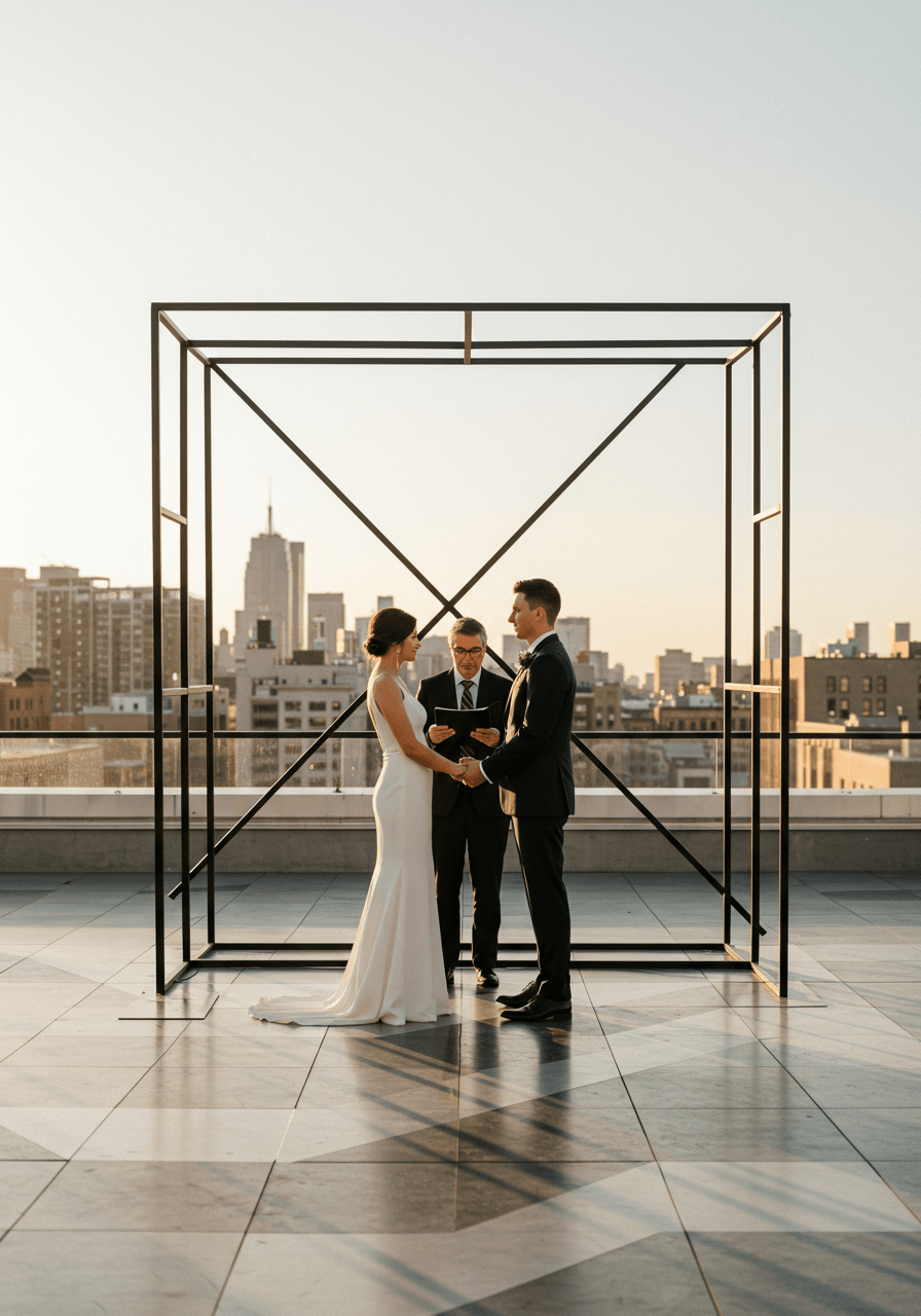 Couple exchanging vows beneath rectangular geometric arch on urban rooftop with city skyline backdrop