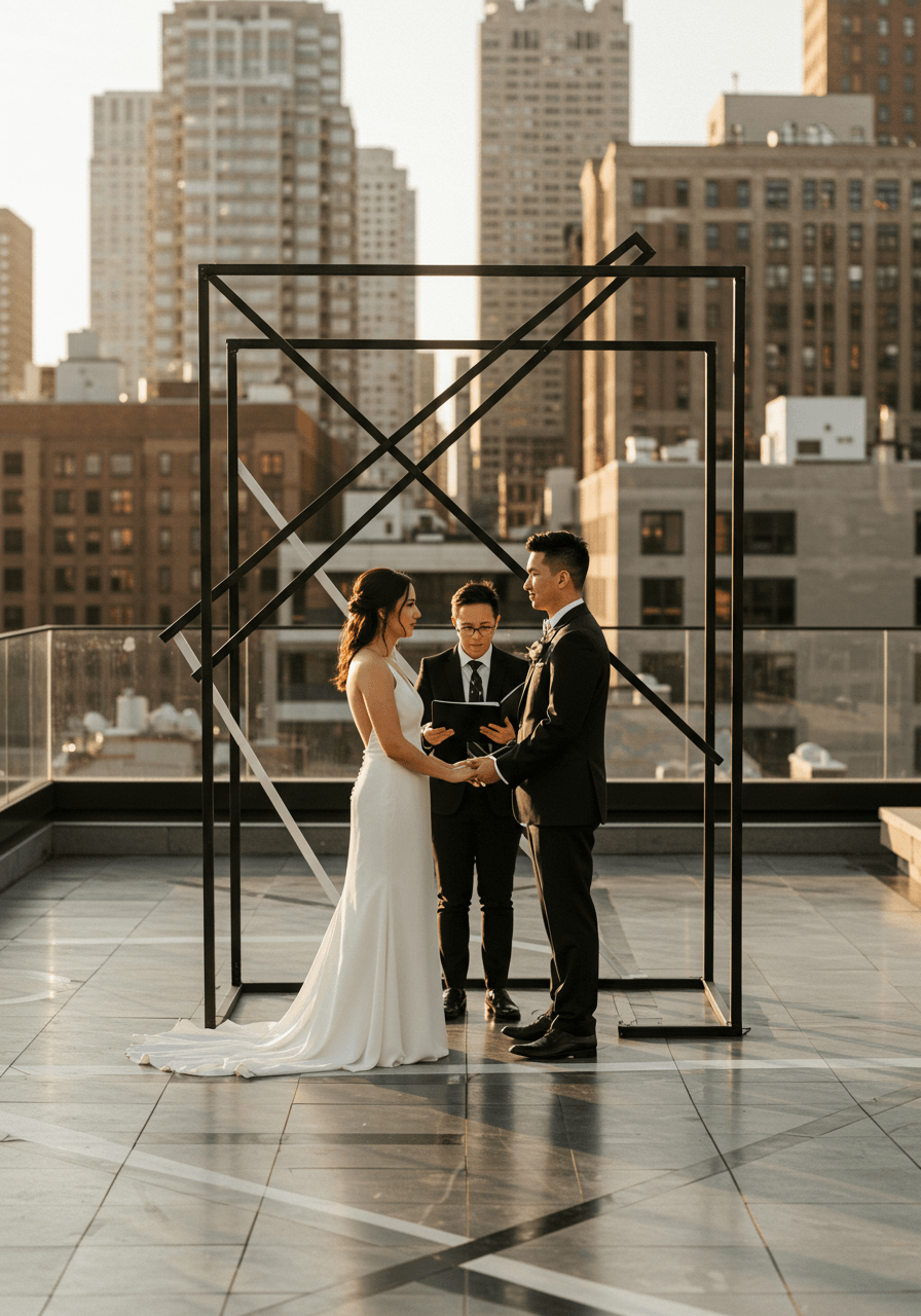 Intimate wedding ceremony moment under modern linear arch with urban backdrop at golden hour