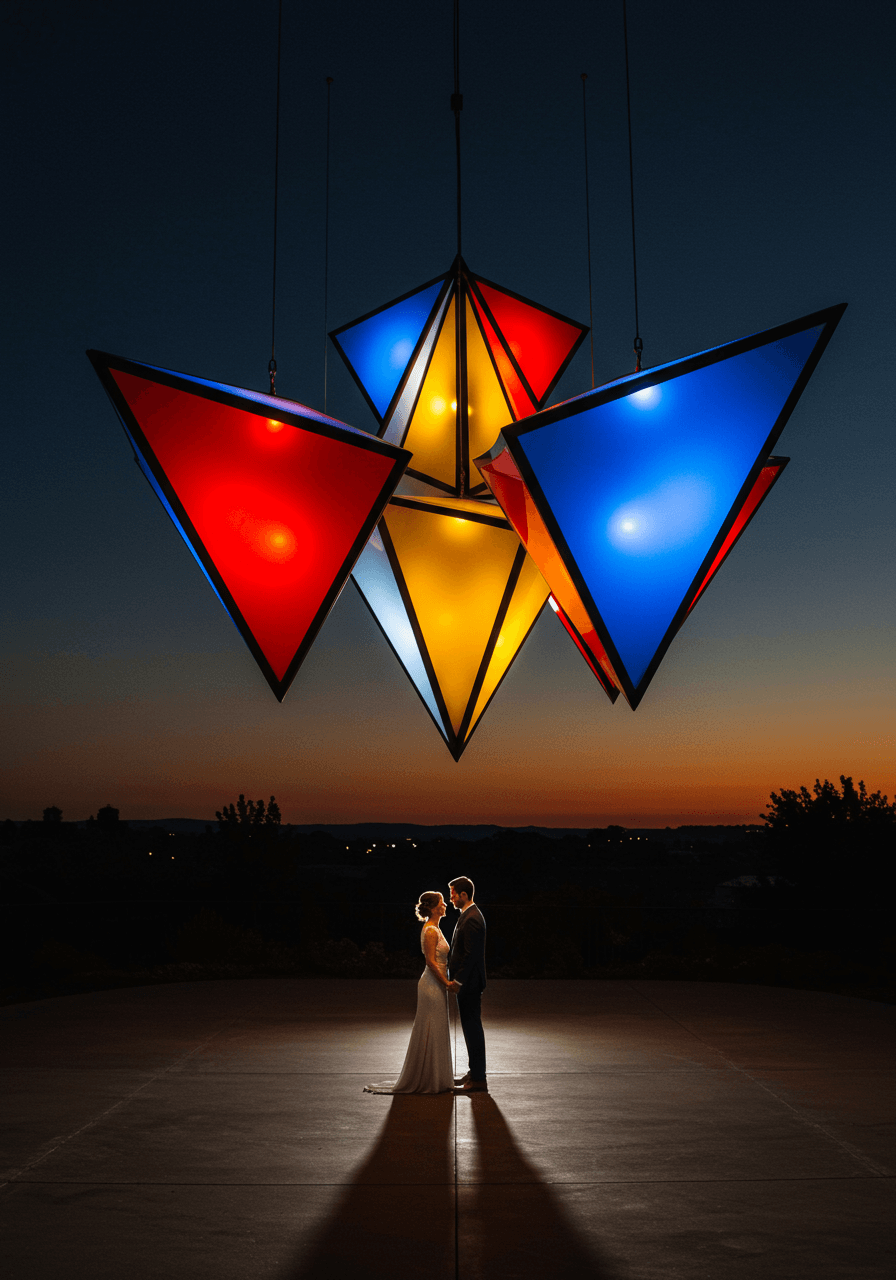 Wide view of triangular geometric lighting installation with multiple coloured panels creating artistic atmosphere