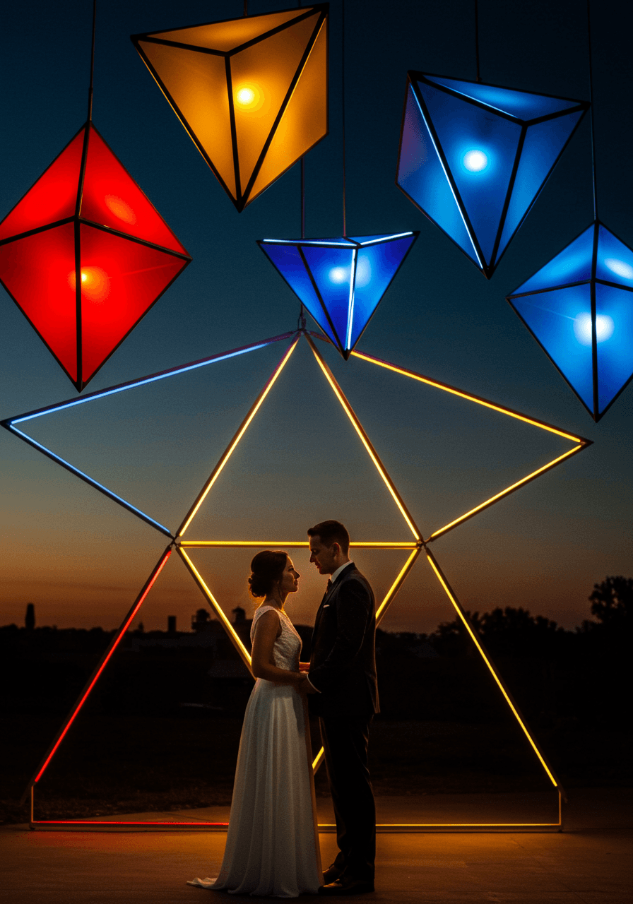Bride and groom standing beneath dramatic triangular pendant light installation with primary colours