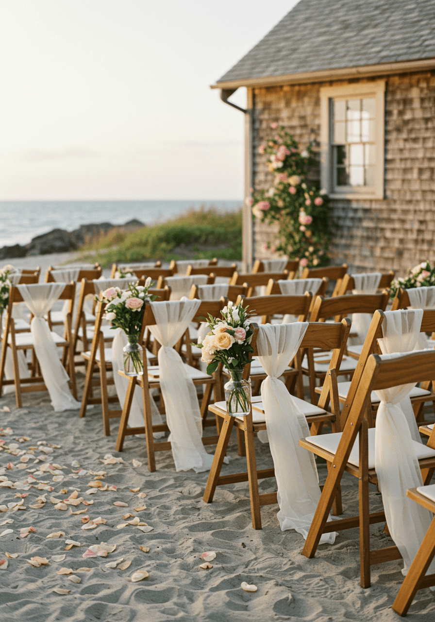 Intimate beach house wedding ceremony with wooden chairs arranged facing ocean and charming cottage backdrop