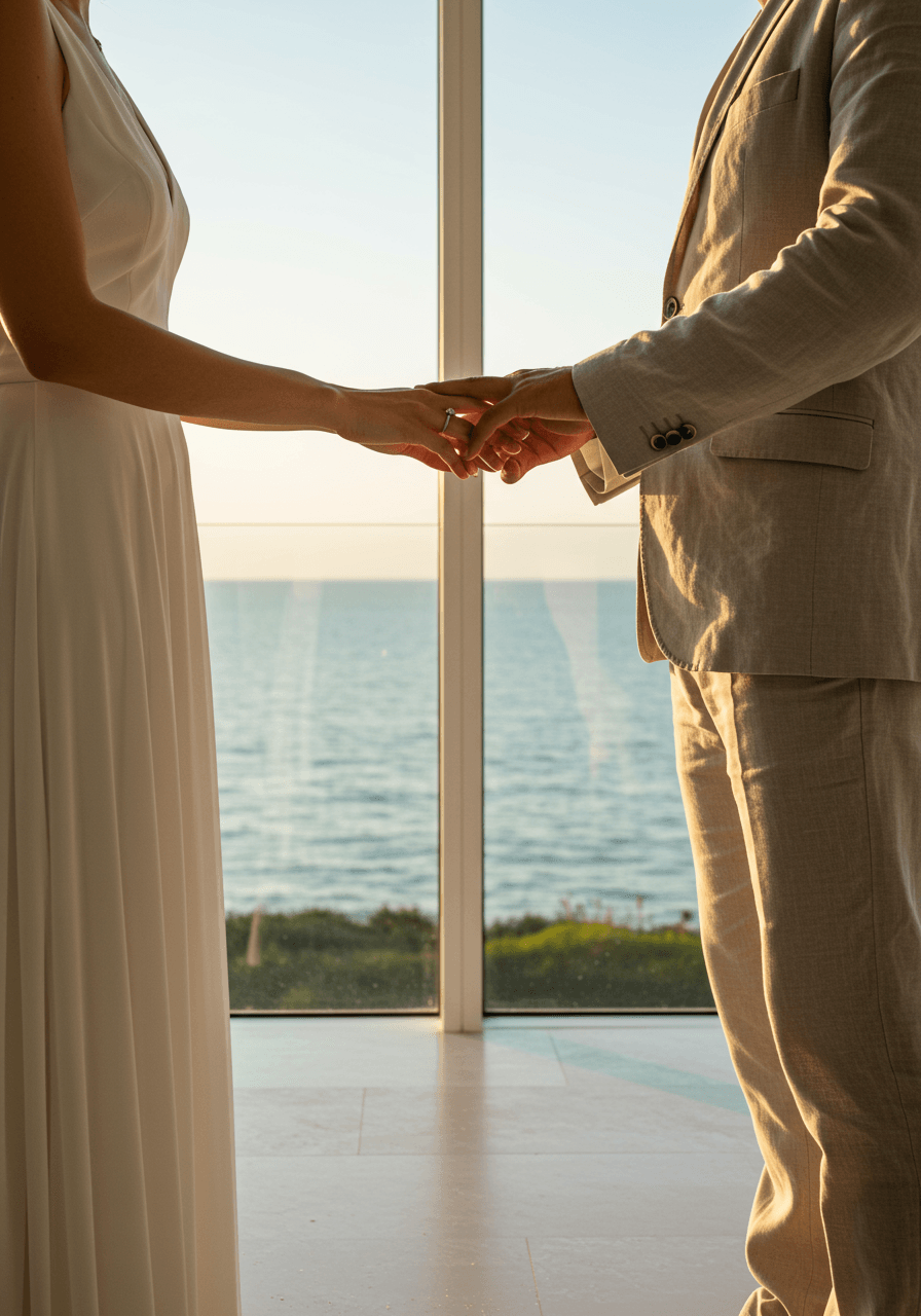 Close-up of wedding rings exchange inside contemporary glass venue with ocean backdrop