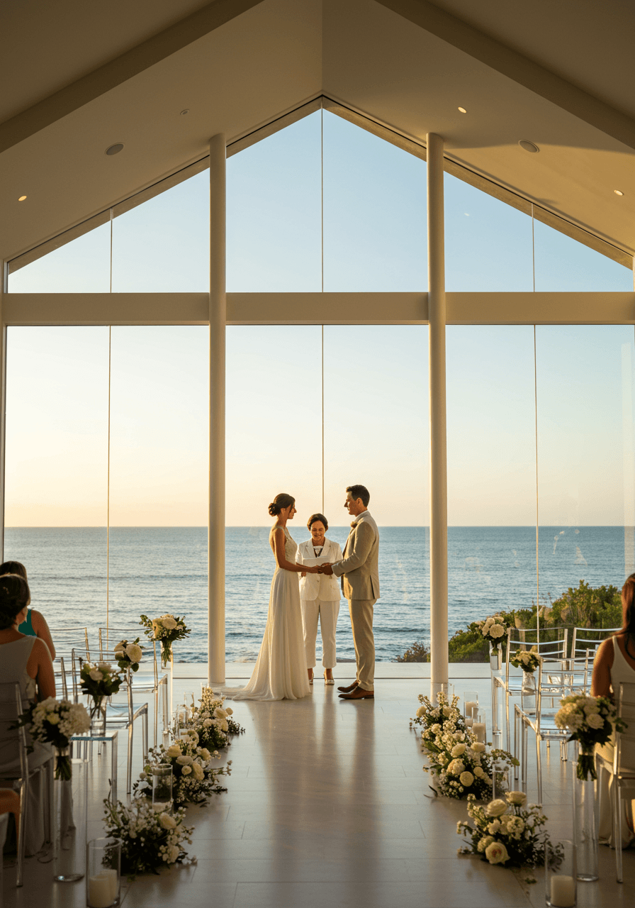 Wedding ceremony inside modern glass beach house with floor-to-ceiling windows and panoramic ocean views during golden hour