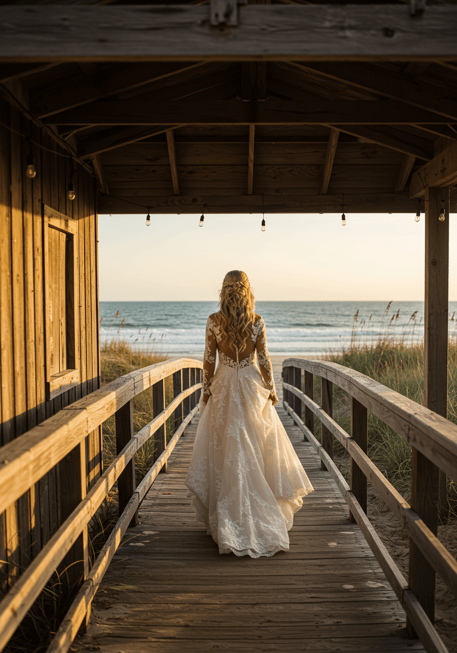 Bohemian bride in flowing lace wedding dress walking along wooden boardwalk connecting coastal barn to beach