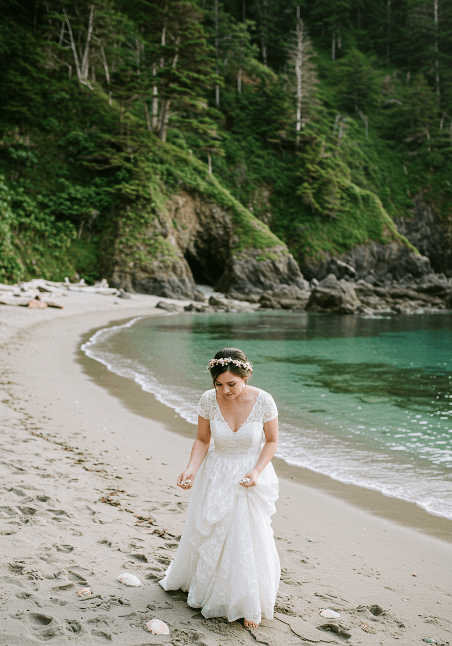 Bride exploring secluded beach cove with scattered shells and driftwood amid emerald cliff walls
