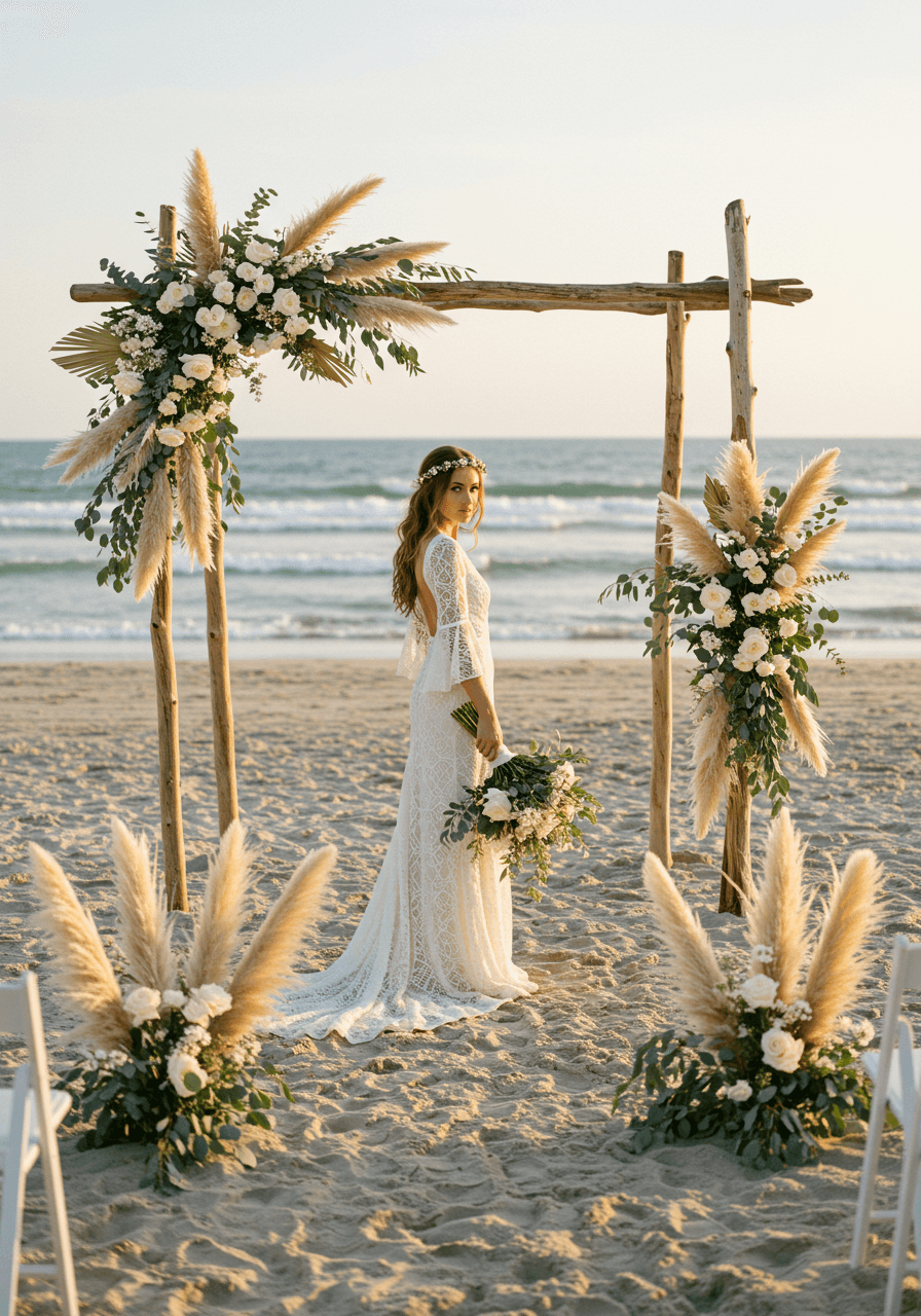 Bohemian bride beside weathered driftwood arch adorned with pampas grass at beachfront ceremony during golden hour