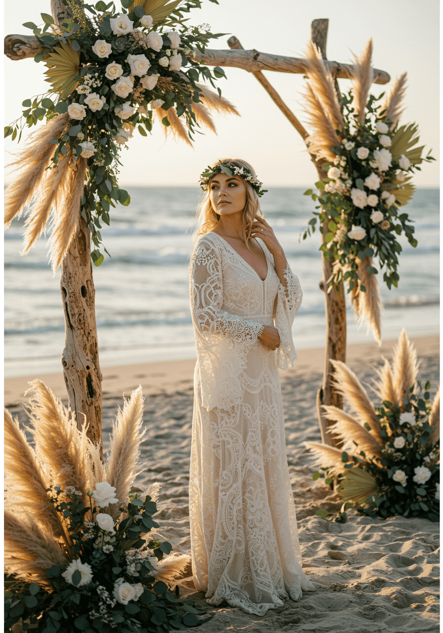 Portrait of bohemian bride with flowing lace dress against driftwood wedding arch and coastal backdrop