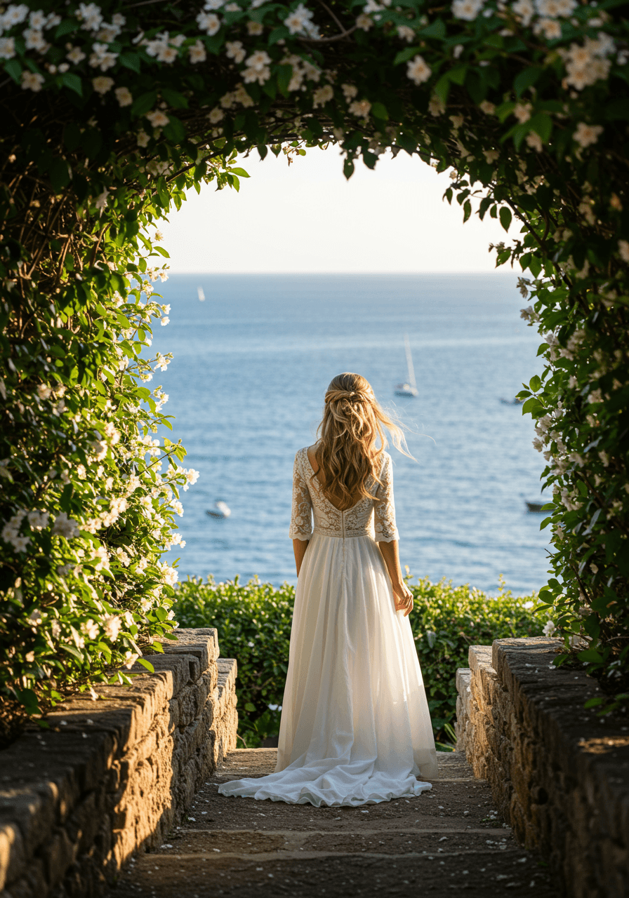 Bohemian bride in flowing dress among terraced garden overlooking ocean with jasmine and coastal plantings