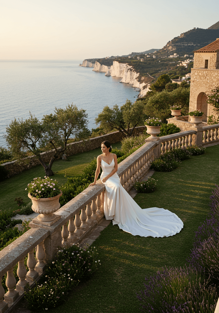 Elegant bride in flowing wedding gown sitting on stone balustrade of clifftop villa garden with panoramic ocean views