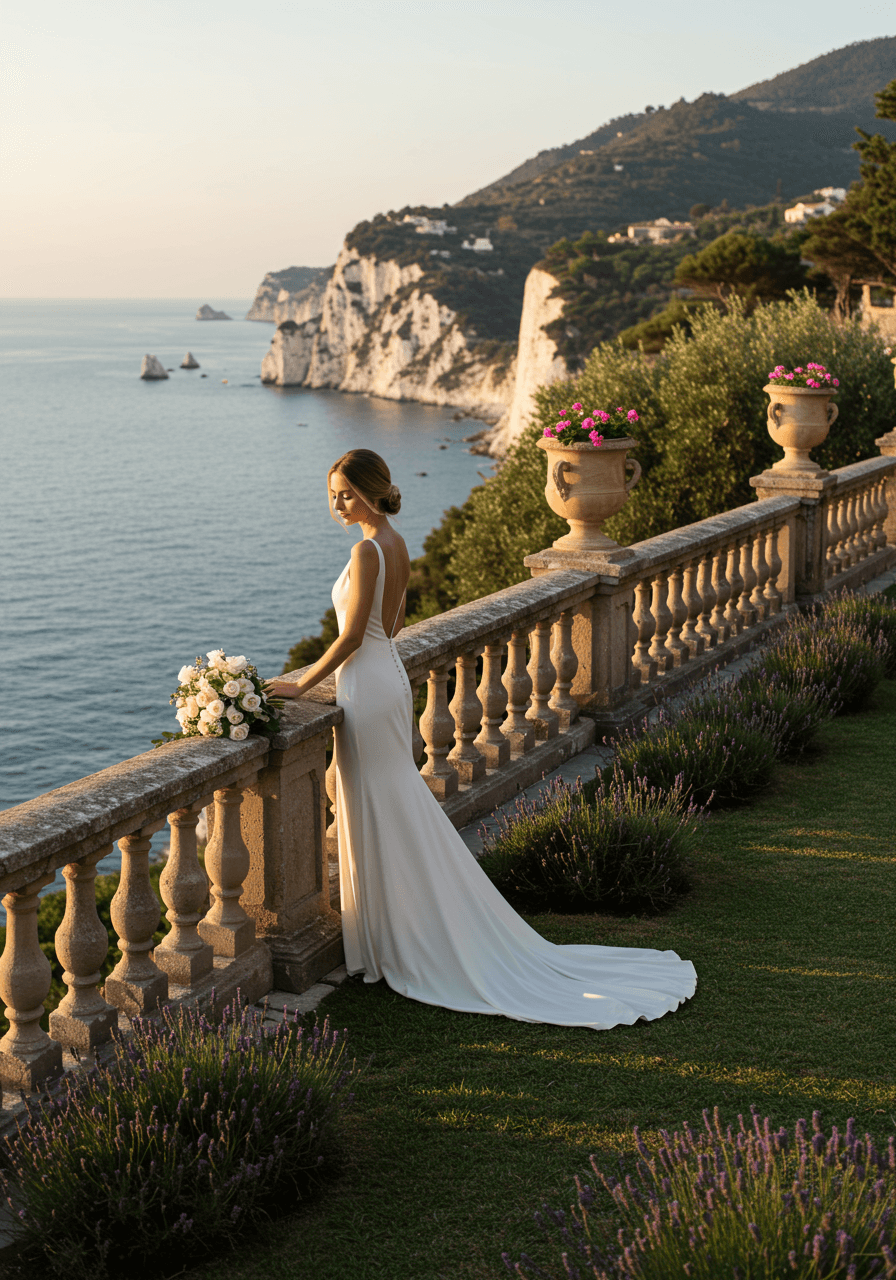 Bride in Mediterranean villa garden terrace surrounded by manicured landscaping with endless ocean horizon