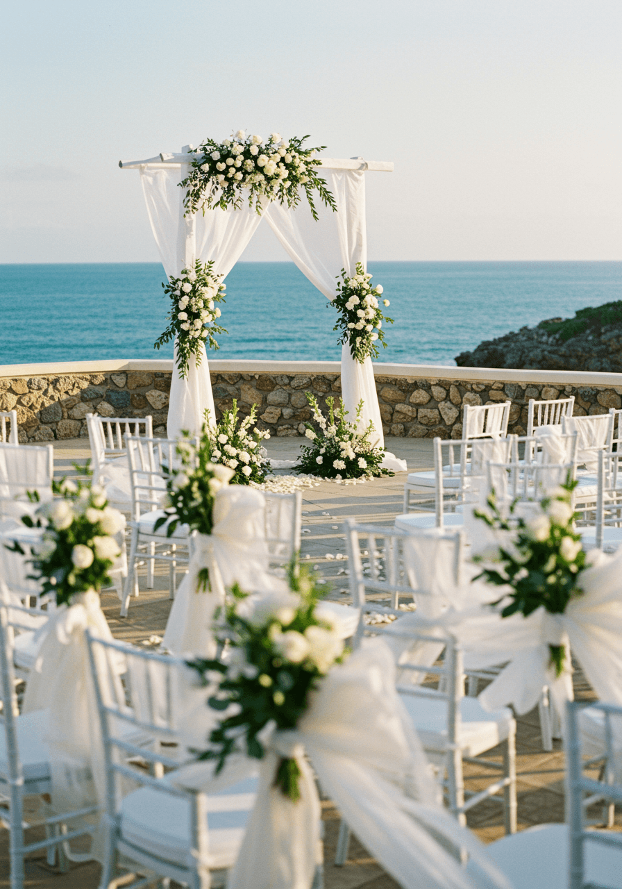 Detailed view of clifftop wedding altar decorated with coastal flowers overlooking crystal-clear turquoise waters