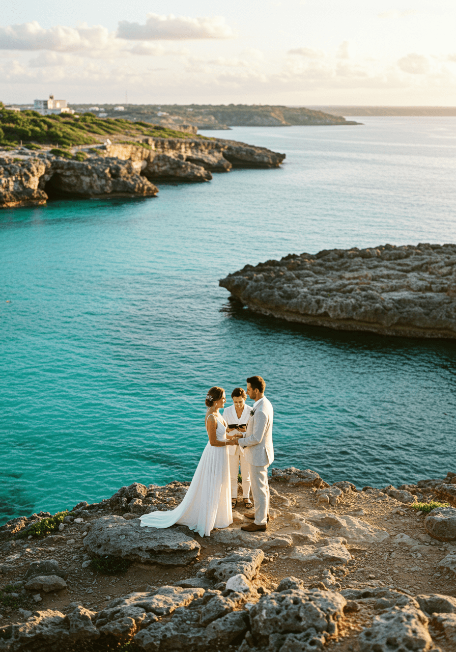 Wedding couple exchanging vows on dramatic clifftop overlooking brilliant turquoise ocean waters during golden hour