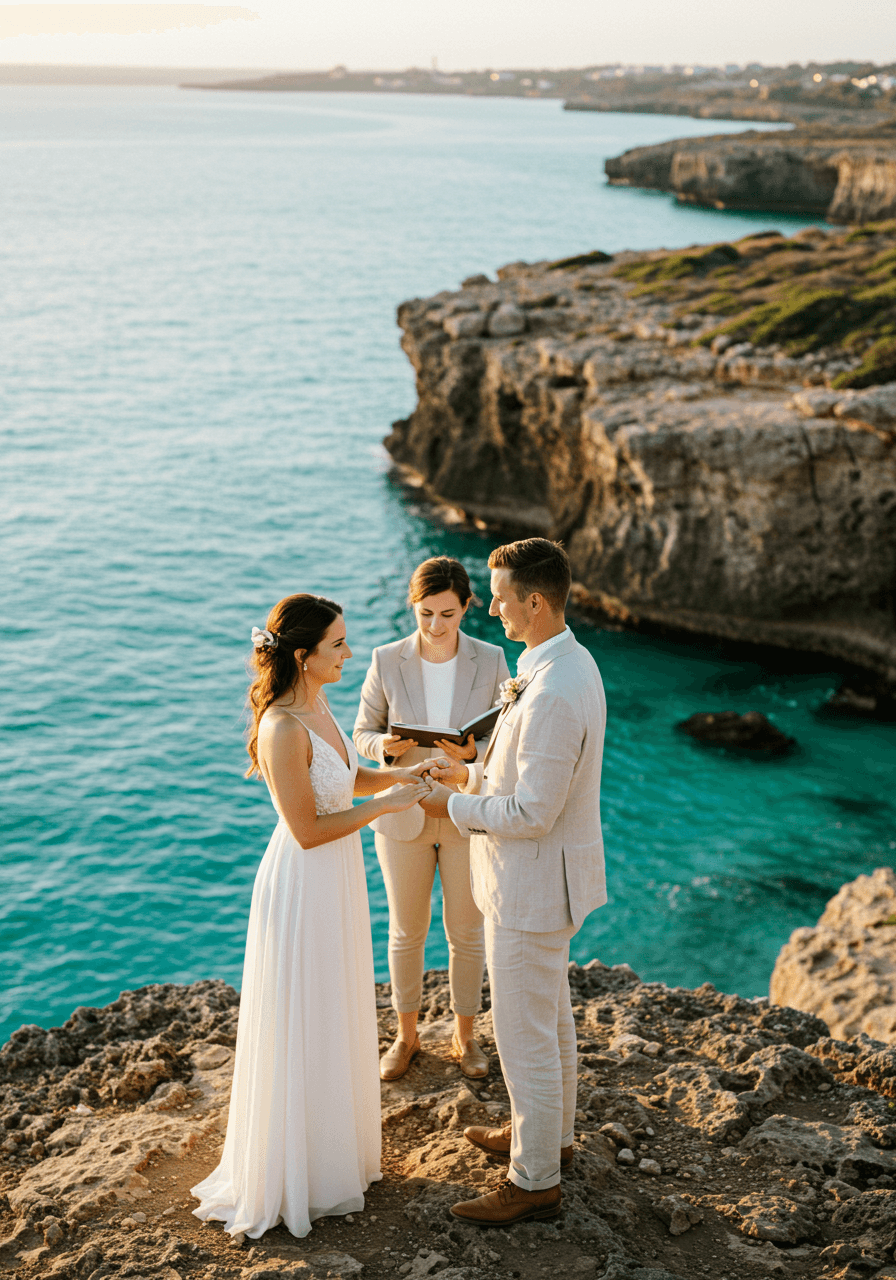 Intimate portrait of bride and groom on clifftop with expansive ocean view during romantic sunset ceremony