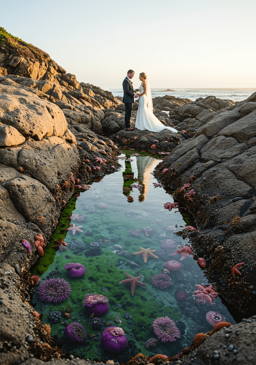 Wedding couple exchanging vows beside natural tide pools filled with colourful sea life on rocky coastal outcrop