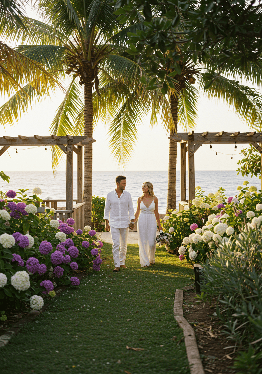 Wedding couple walking hand-in-hand through lush waterfront garden with blooming coastal flowers and ocean views