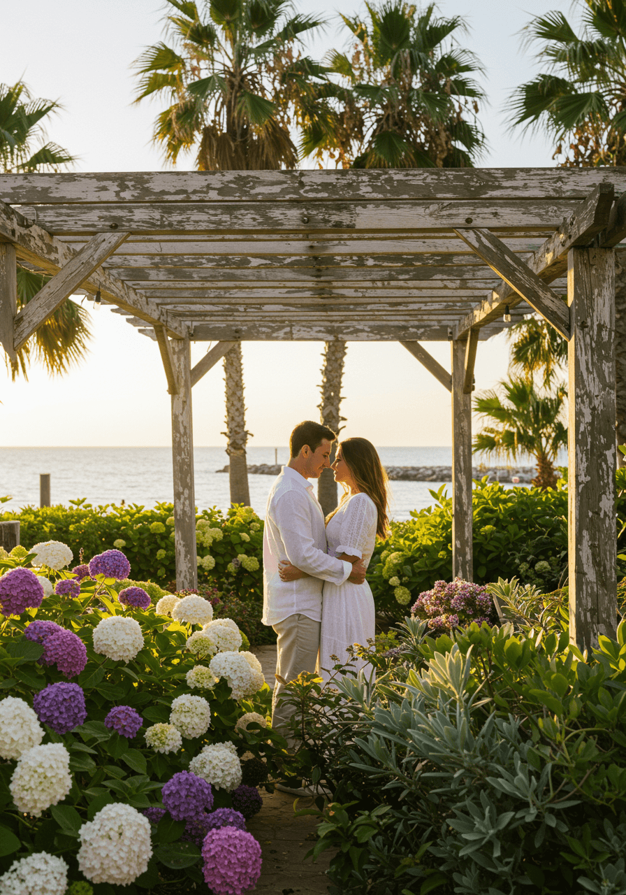 Intimate embrace under wooden pergola in waterfront garden with palm trees and sparkling ocean backdrop