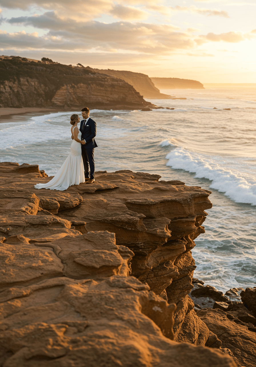 Wedding couple on dramatic sandstone terrace overlooking crashing ocean waves during golden hour lighting