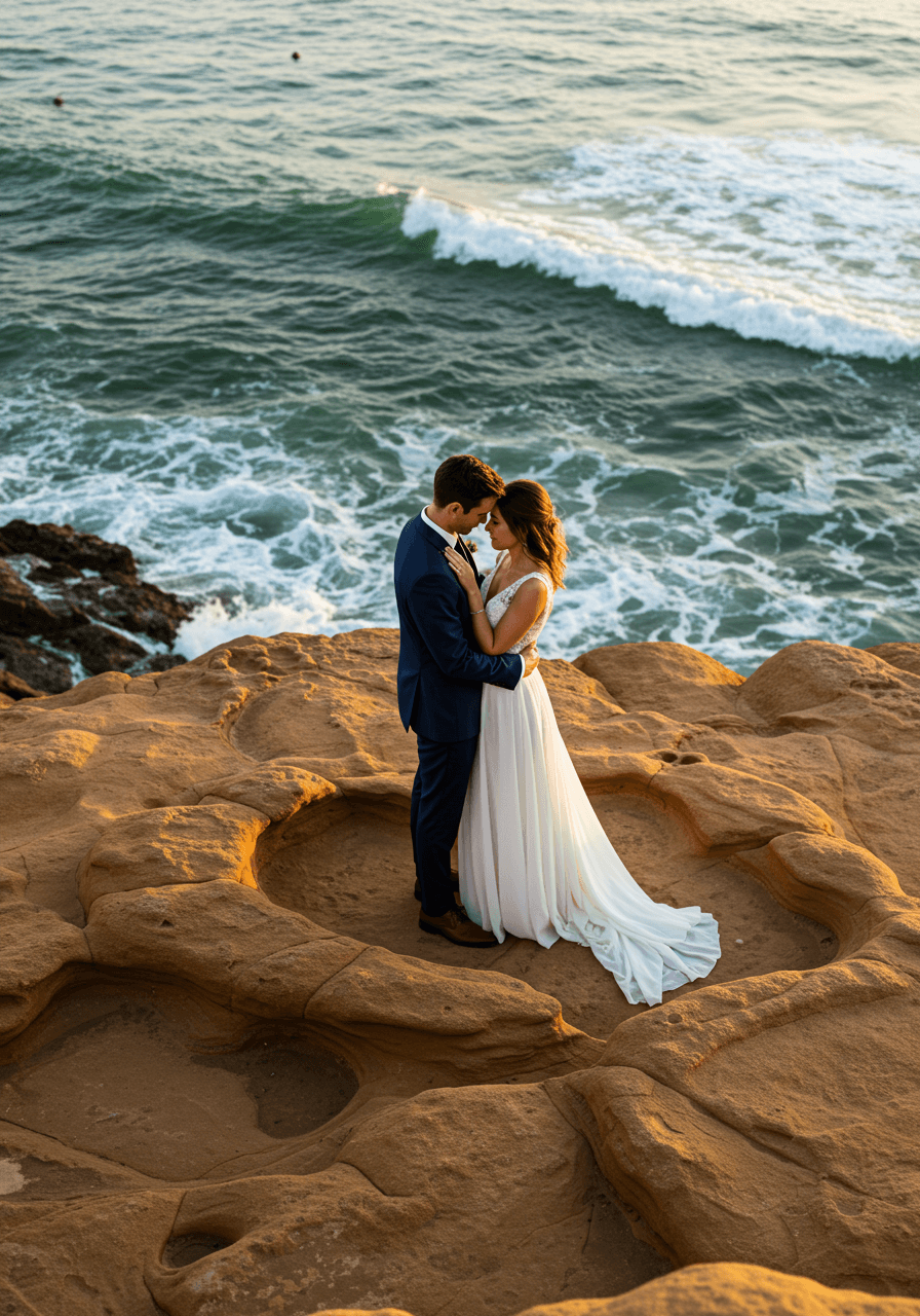 Intimate couple embrace on sandstone coastal terrace with dramatic clifftop ocean views