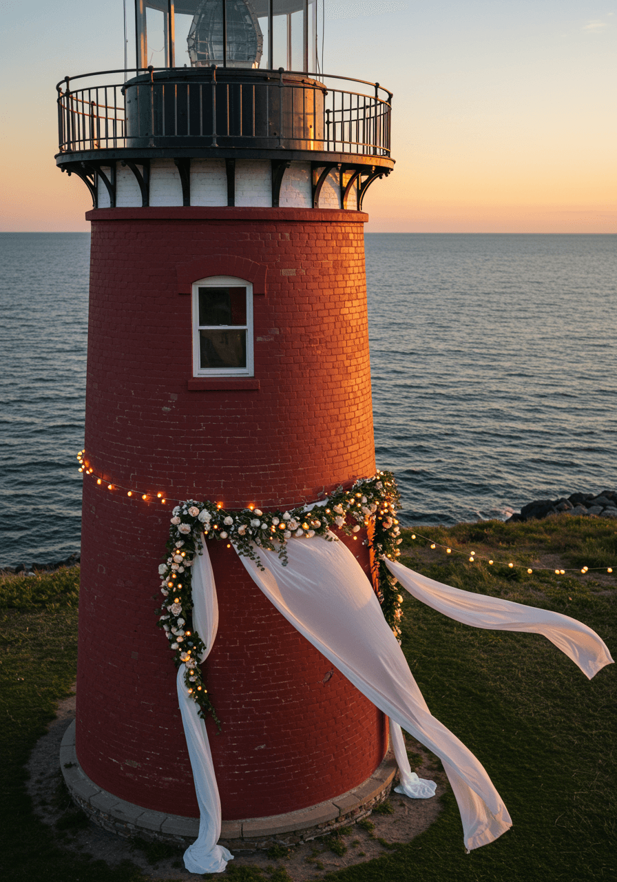 Detailed view of lighthouse wedding decorations with romantic lighting and coastal evening atmosphere