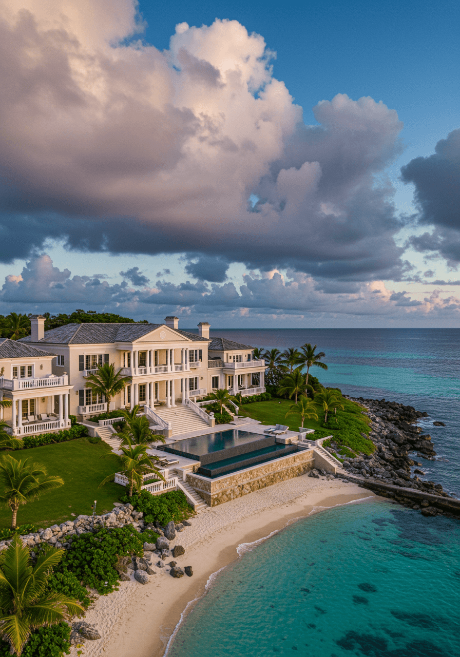 Aerial view of expansive oceanfront estate with terraced levels and infinity pool overlooking secluded beach cove