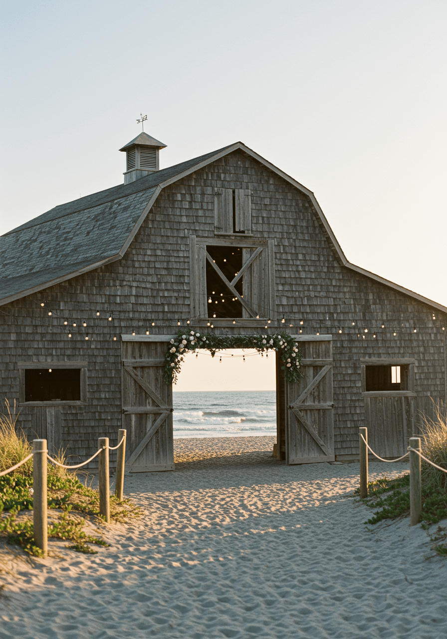 Rustic wooden barn with weathered cedar shingles and string lights positioned steps from sandy beach during golden hour