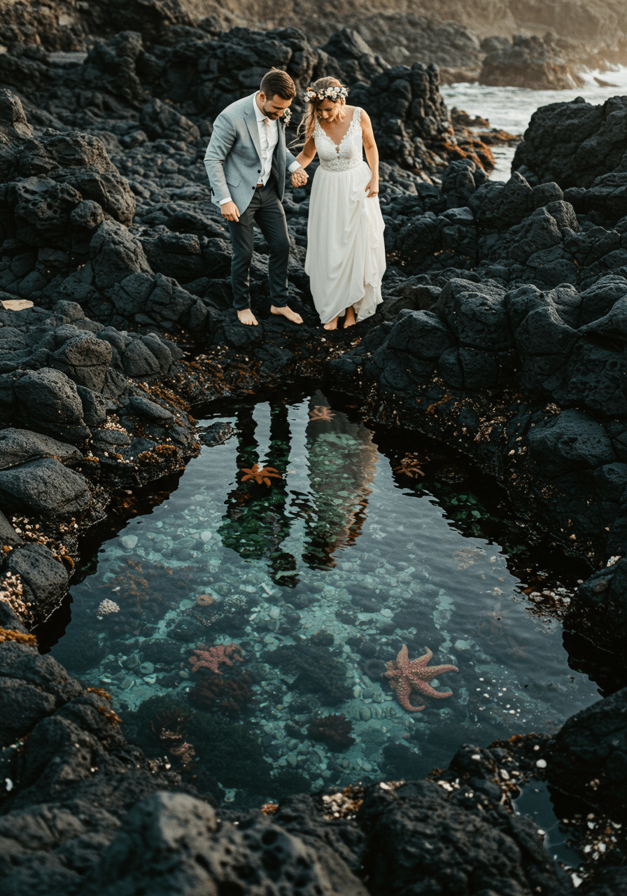 Wedding couple exploring natural tidal pools carved in dark volcanic rock with colourful sea anemones and starfish