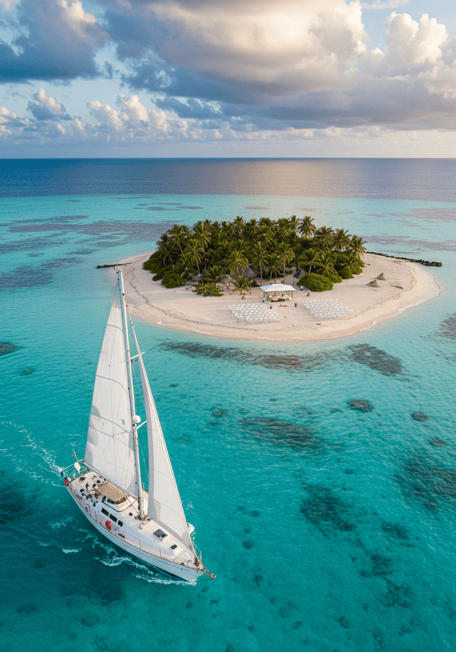 Elegant white sailboat approaching secluded tropical island with visible beach wedding ceremony setup