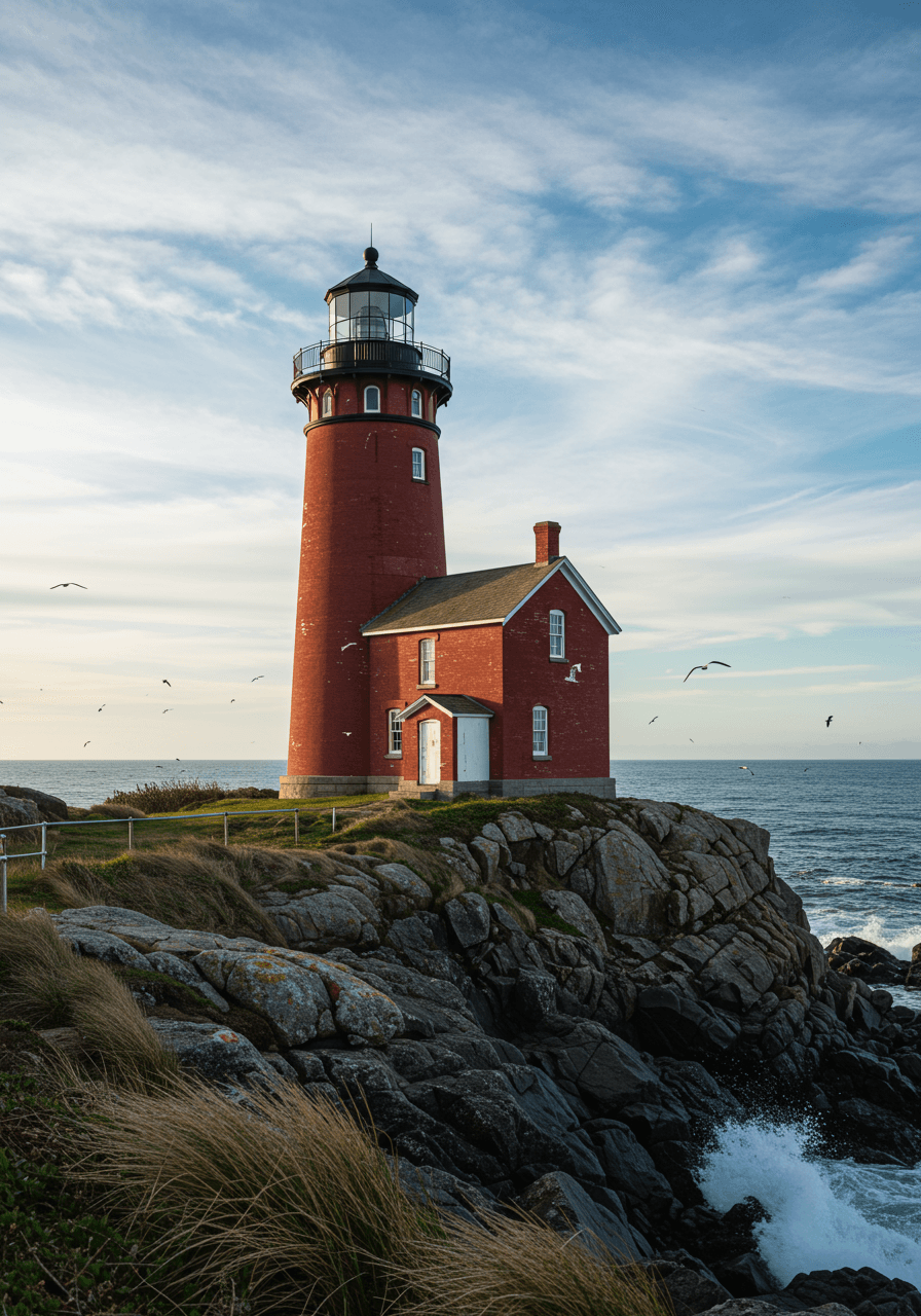 Majestic red brick lighthouse with white trim standing on rugged coastal cliff overlooking crashing ocean waves