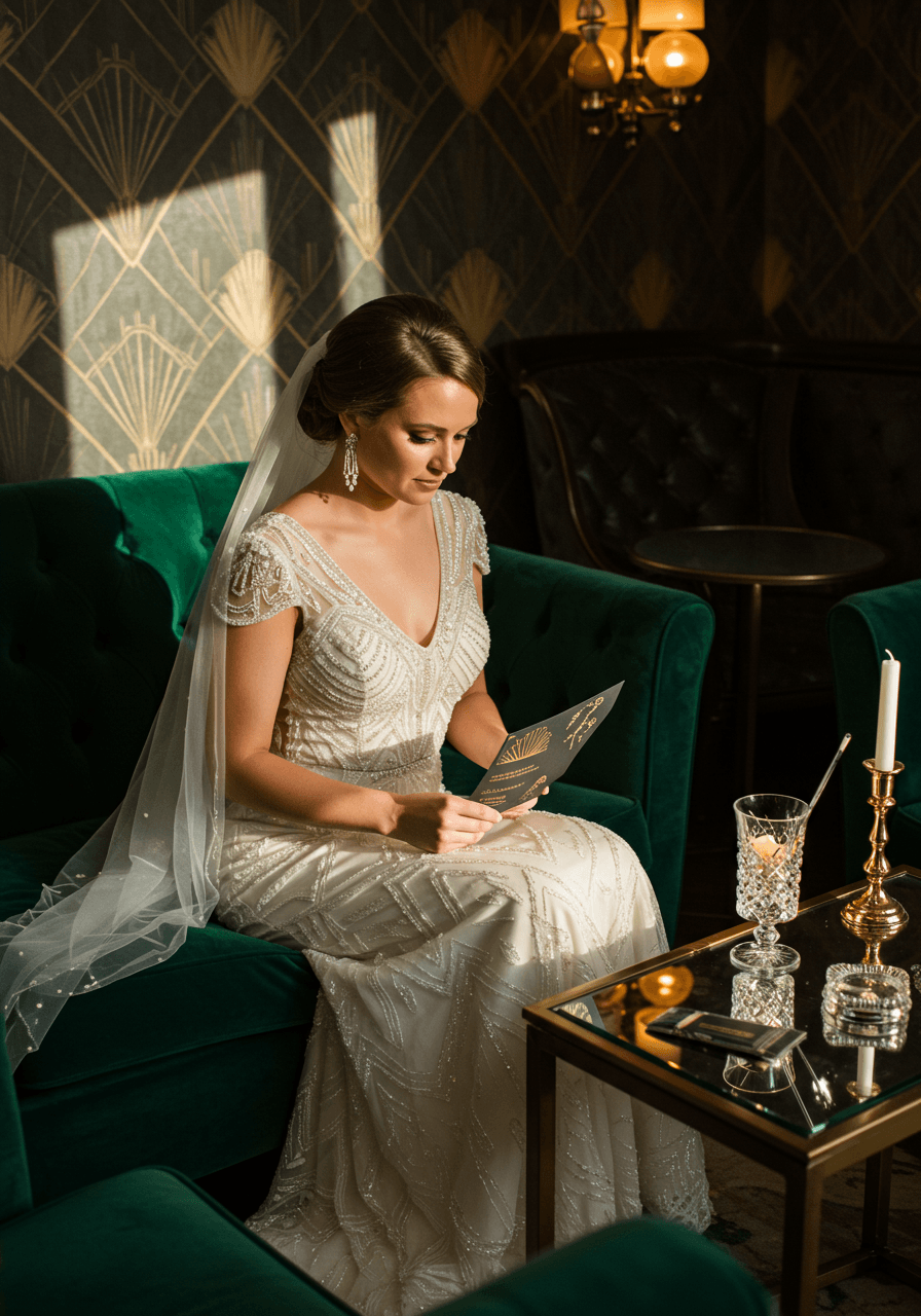 Bride in beaded Art Deco gown examining elegant wedding invitations with metallic foil details