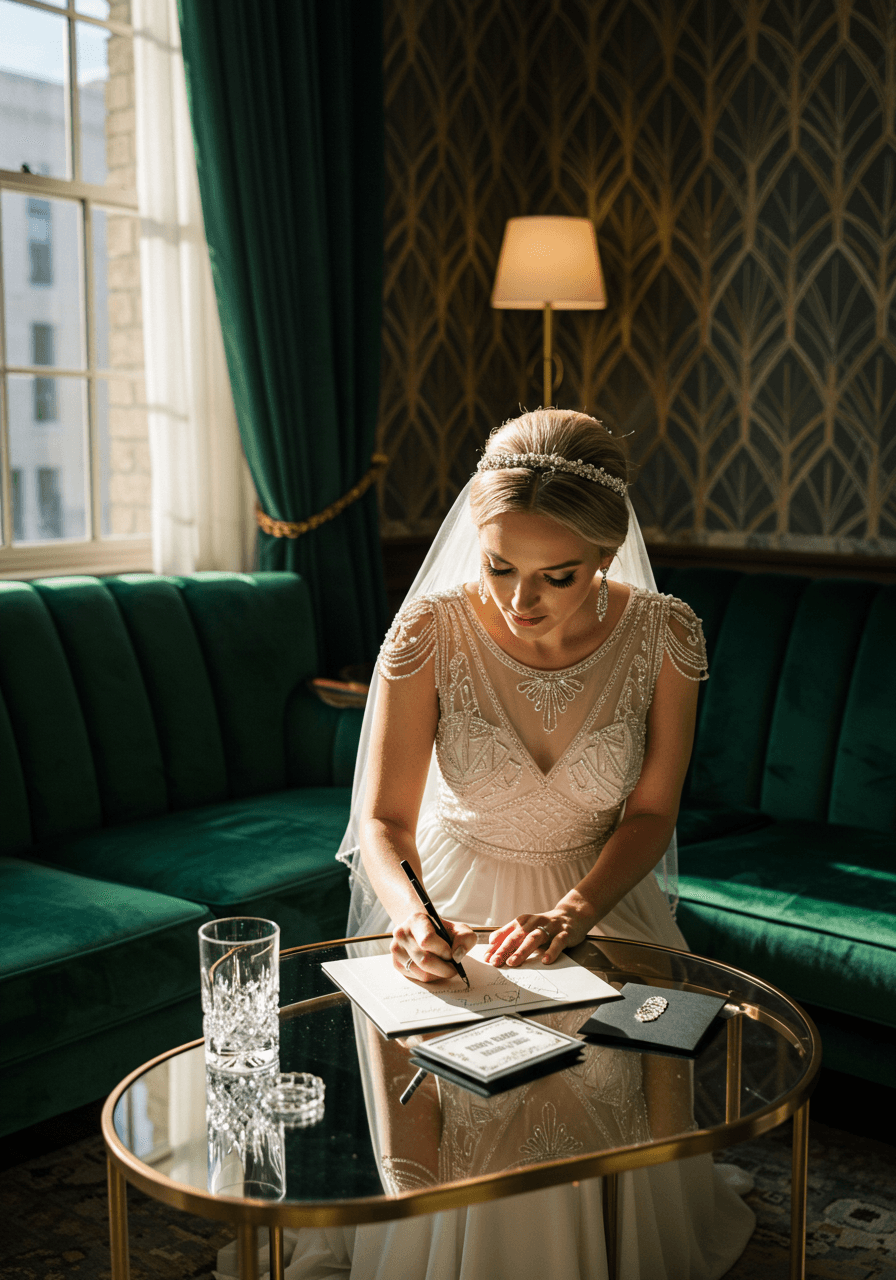 Close-up of bride's hands with ornate fountain pen writing on luxury wedding invitations