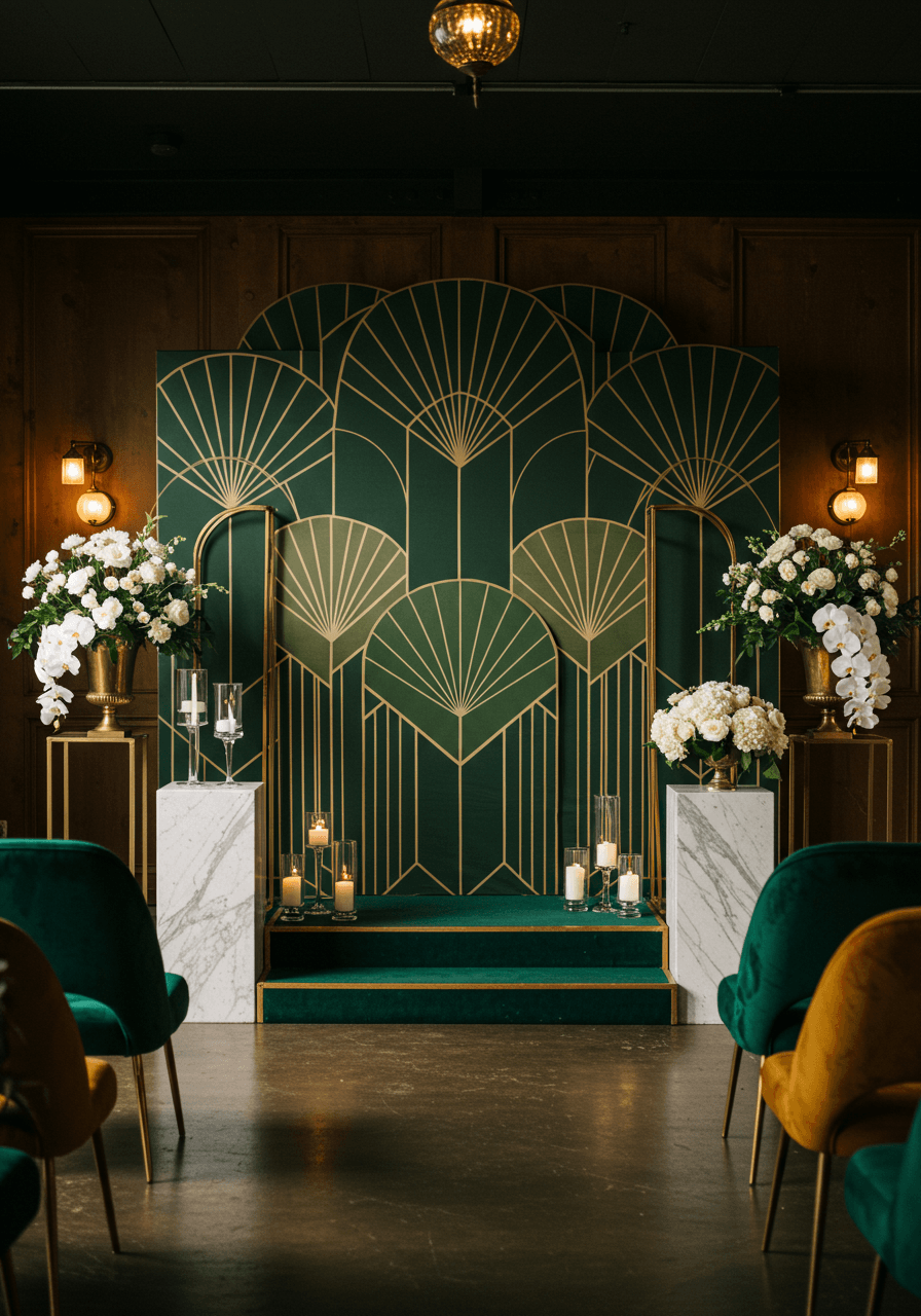 Art Deco wedding altar with geometric backdrop and metallic gold details in intimate venue