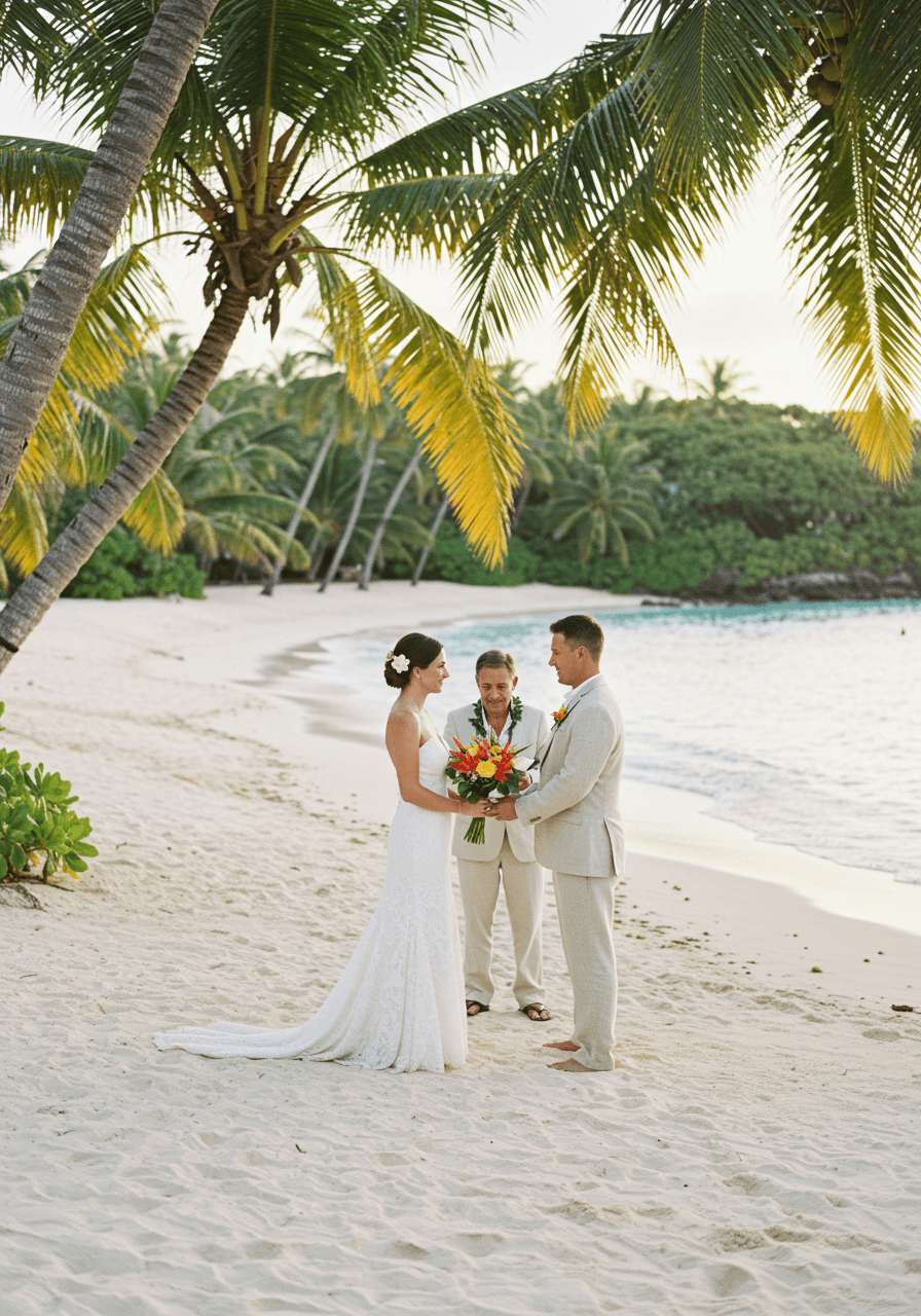 Couple exchanging vows on pristine beach with turquoise water and swaying palm trees at golden hour