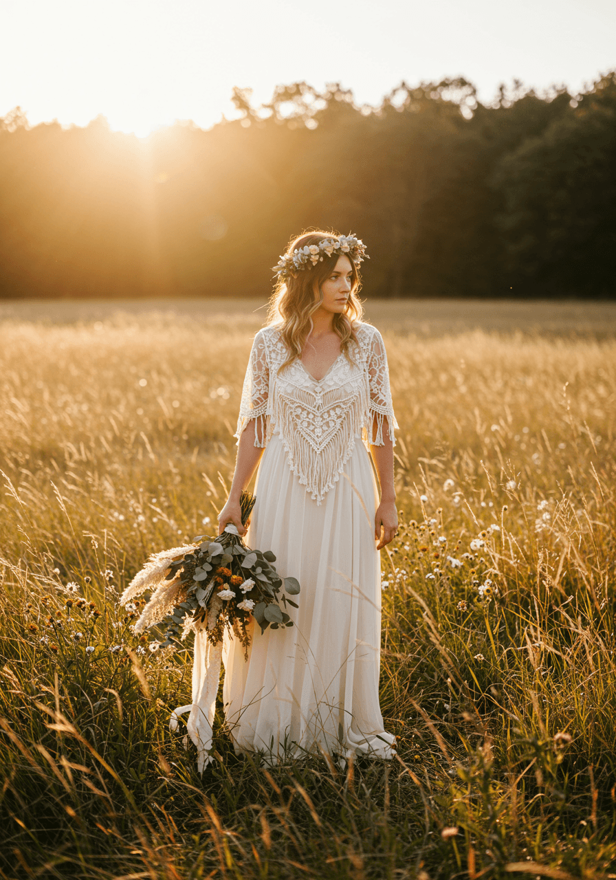 Bohemian bride in lace dress with floral crown amongst pampas grass and wildflowers at golden hour