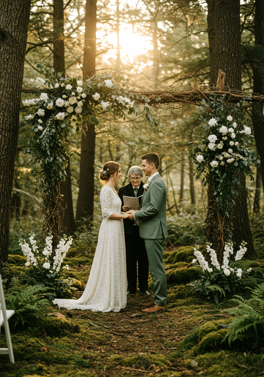 Couple exchanging vows under natural tree branch archway decorated with white flowers in forest clearing