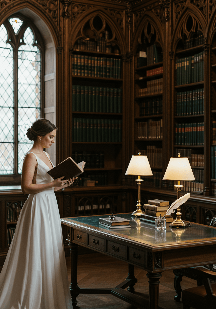 Bride in white gown with leather book beside floor-to-ceiling bookshelves in university library