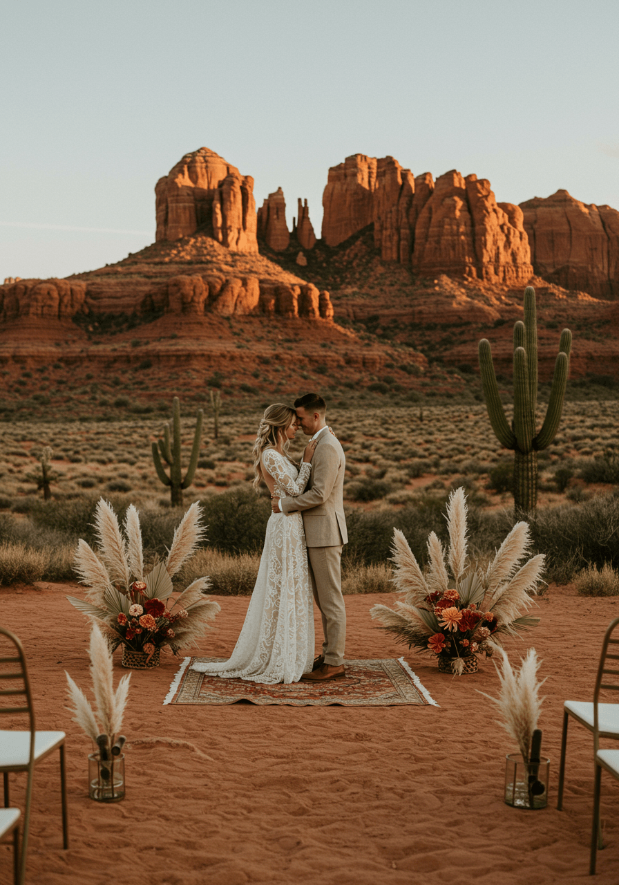 Couple embracing during ceremony in desert landscape with red rock formations and cacti at sunset