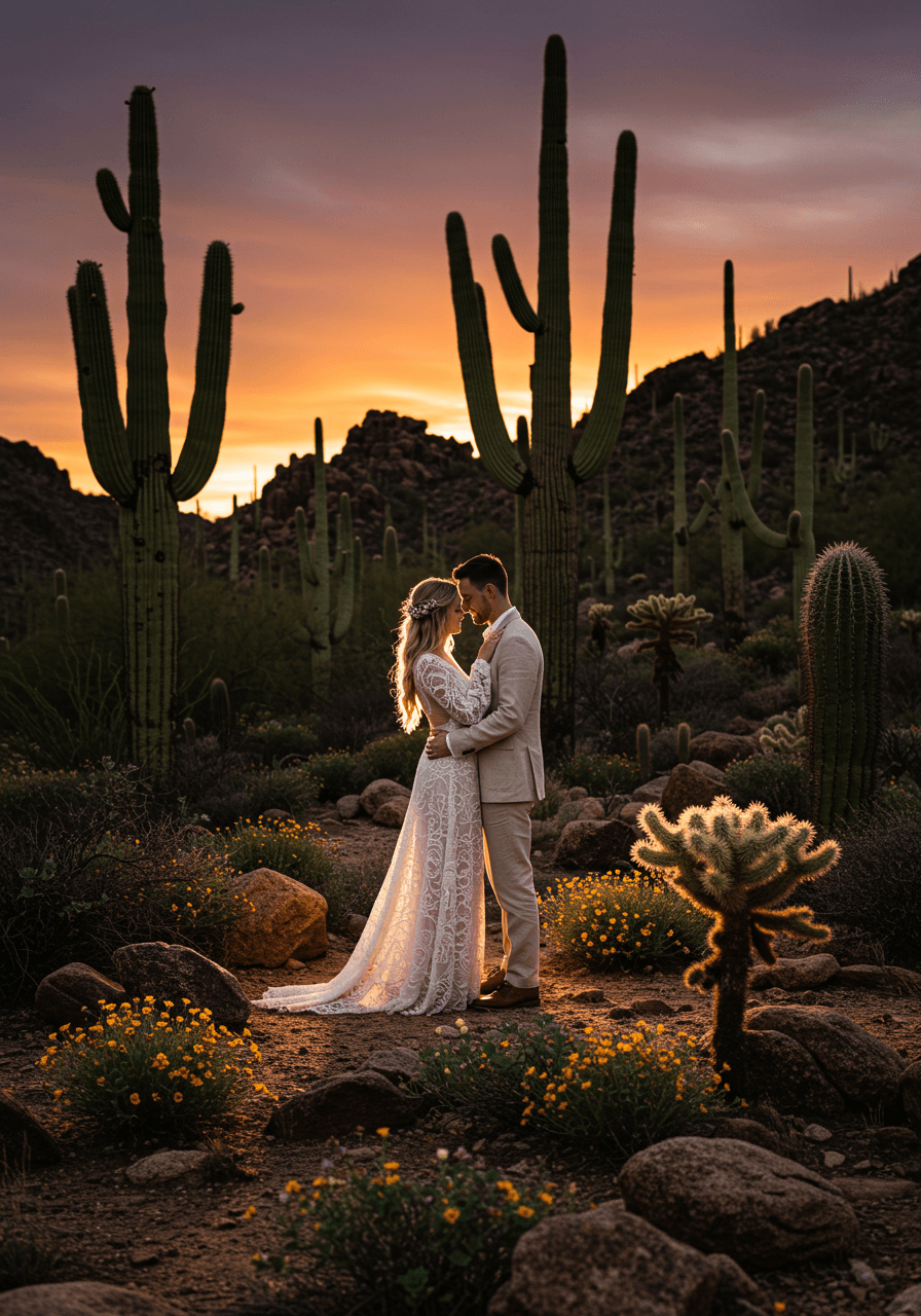 Couple in flowing attire embracing amongst towering saguaro cacti during golden hour desert sunset
